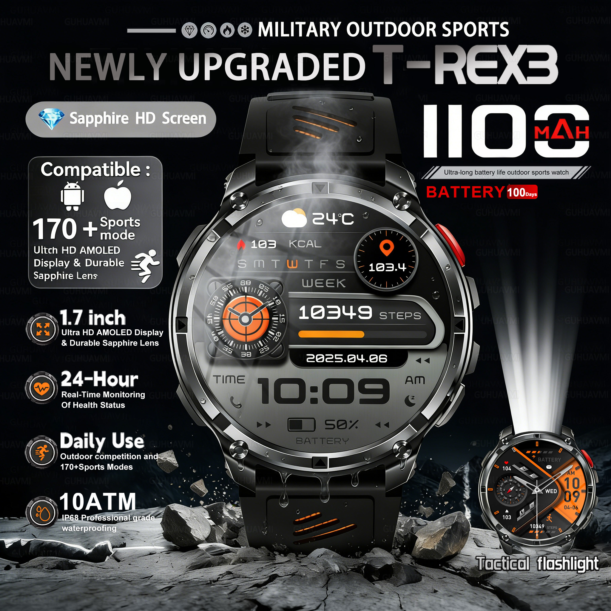 Definition Of Outdoor Sport - T-REX 3 Military Smartwatch Men 1100mAh
